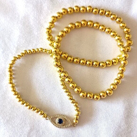 Evil Eye goldtone beaded 3 piece bracelet set stretchy bracelets New without tag - Picture 1 of 3